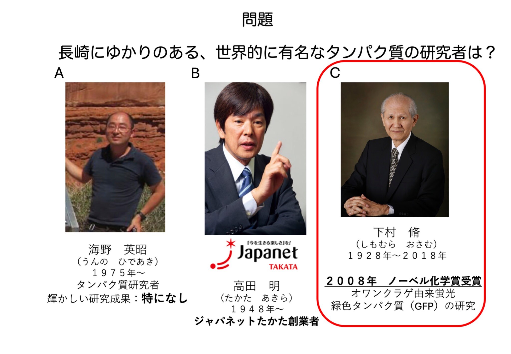 猶興館高等学校の出前授業でクイズの正解を示したスライド
